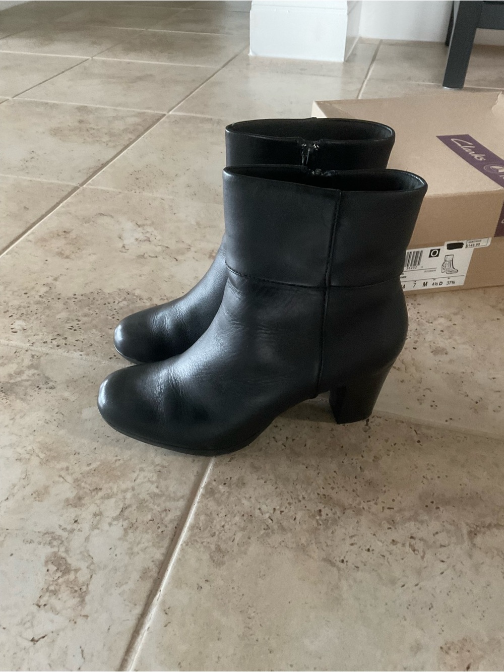 Clarks Black Leather Mid-Heel Ankle Boots